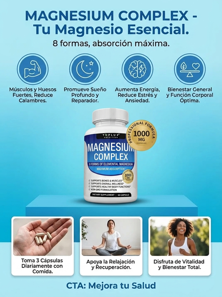 Magnesium Complex – Fórmula de Absorción Máxima para Huesos, Músculos y Sueño Reparador (60 Cápsulas)
