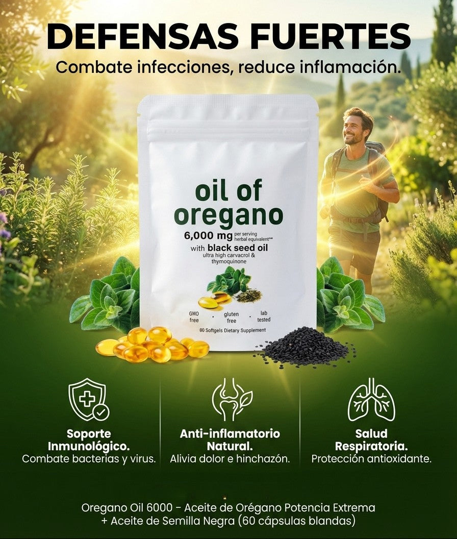 Oregano Oil 6000 – Aceite de Orégano Potencia Extrema + Aceite de Semilla Negra (300 cápsulas blandas)