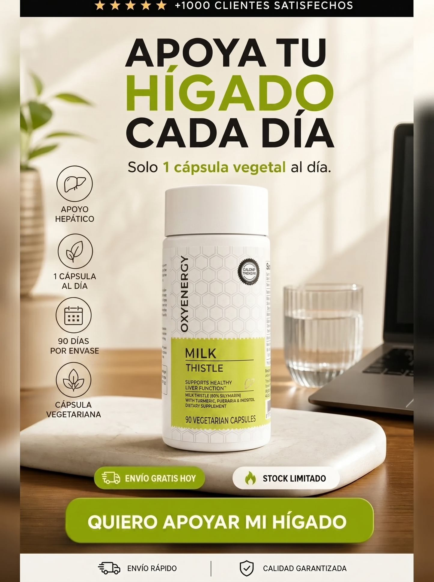 Milk Thistle - Fórmula de Apoyo Hepático con Cúrcuma, Inositol y Vitamina C (1000 mg)